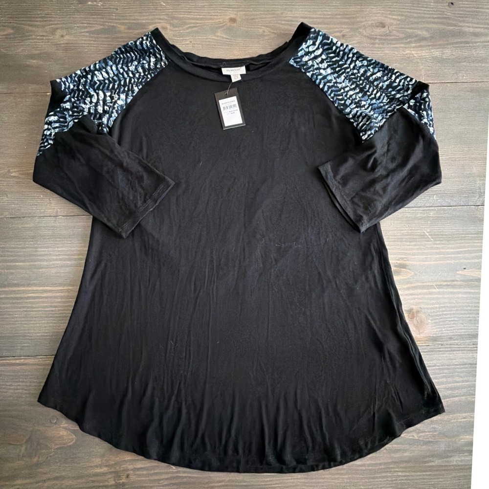 Avenue Black Tee Printed 3/4 Sleeve Pullover Flowy Top Women's Size 14/16 NEW